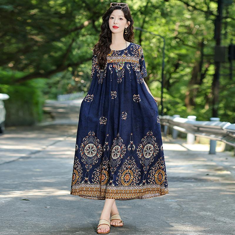New Bohemian ethnic style short-sleeved summer cotton and silk dress loose fashion large size artificial cotton long skirt
