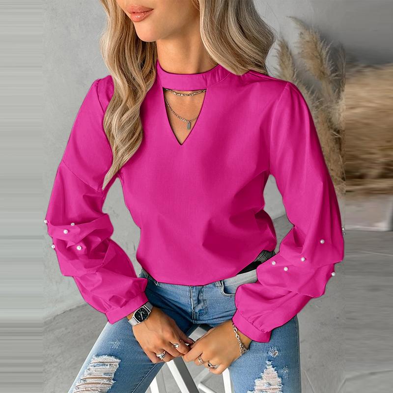 VONDA Women Fashion Stand Collar Long Sleeve Solid Color Blouses