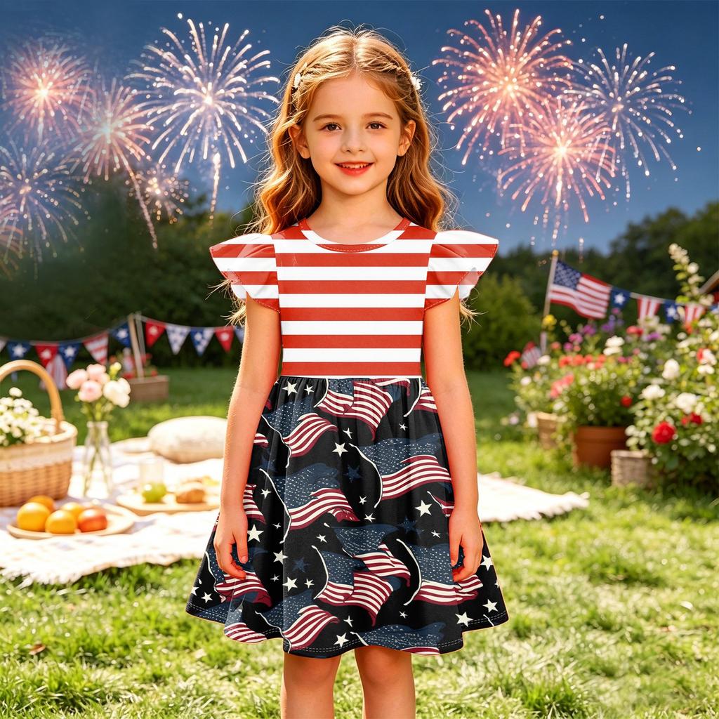 Girls' Summer Princess Dress - A-Line T-Shirt Dress Independence Day