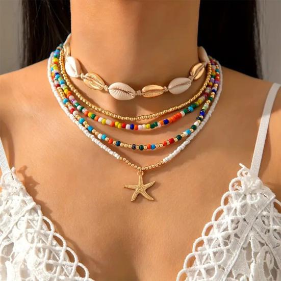 5Pcs Layered Boho Shell Beaded Necklaces for Women, Fashion Bohemia Adjustable Length Necklace, Beach Starfish Beach Necklace, Ocean Vacation Jewelry