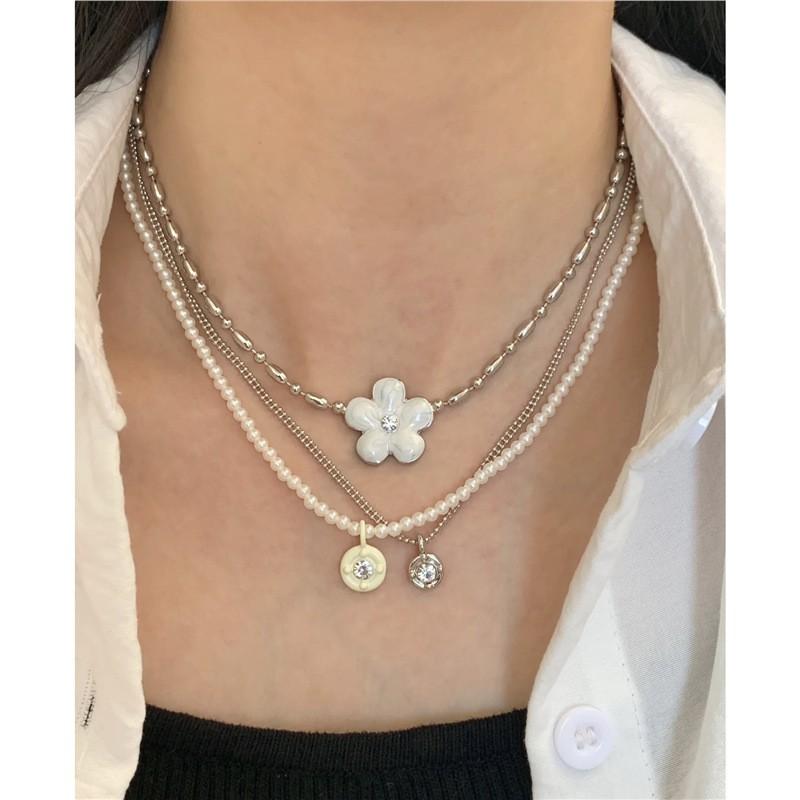 RORY Drip Glaze Flower Layered Beaded Necklace Women Tiny Rice Bead Clavicle Chain