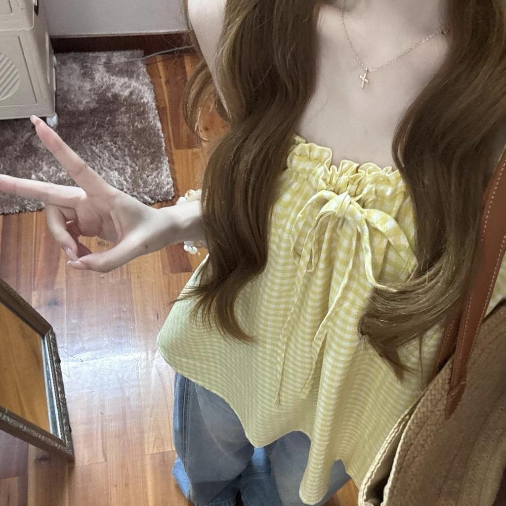 Korean Sweet Casual Vacation Suspender Summer Vest Drawstring Age-reducing Pleated Shirt Loose Niche Sleeveless Top