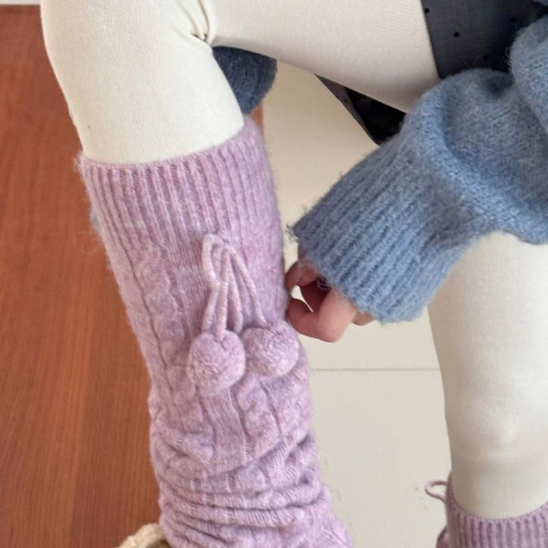 Fashionable Plush Balls Bows Adorned Leg Warmers for Women's Cable Knitted Stretchy Leg Covers Sleeves Calf Socks