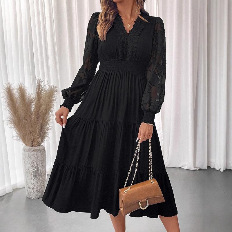 2025 Nouă Rochie Elegantă de Toamnă și Iarnă cu Dantelă și Mâneci Lungi cu Decolteu în V