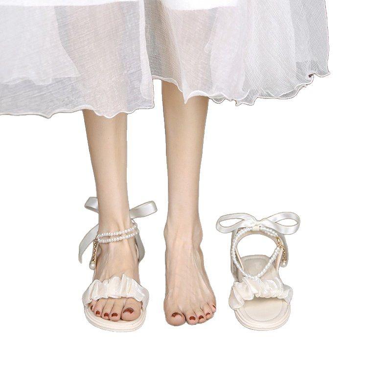 2025 Summer New Versatile Non-slip Fairy Style with Skirt One-word Belt Sandals Pearl Chain Fashionable Flat Female