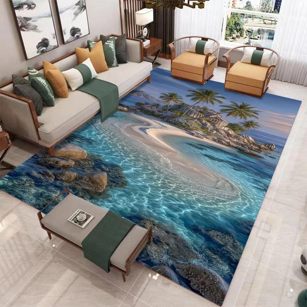 Non-Slip 3D Nature Scenery Rug, Santorini Snow Mountain Landscape Mat, Soft Floor Carpet for Living Room Home