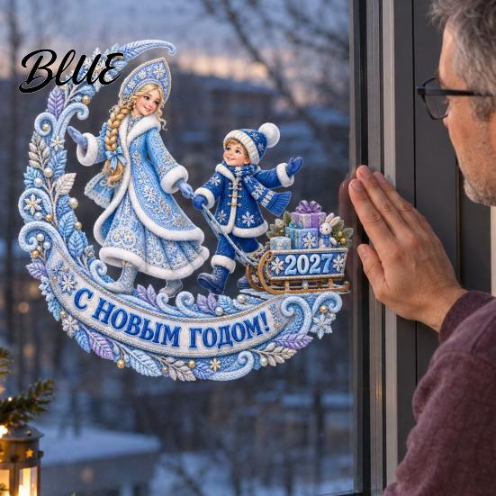 Blue Ice Snow Theme Decal Russian New Year Window Sticker PVC Electrostatic Cling with Girl Holiday Atmosphere Ornaments Sleigh Pattern Glass