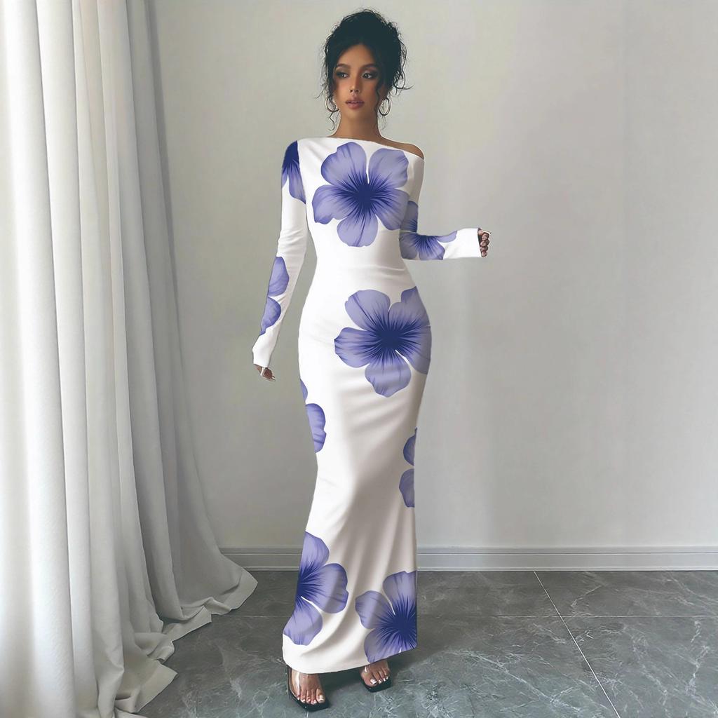 Off-Shoulder Maxi Dress with Asymmetric Neckline and Floral Print, Available in Multiple Colors