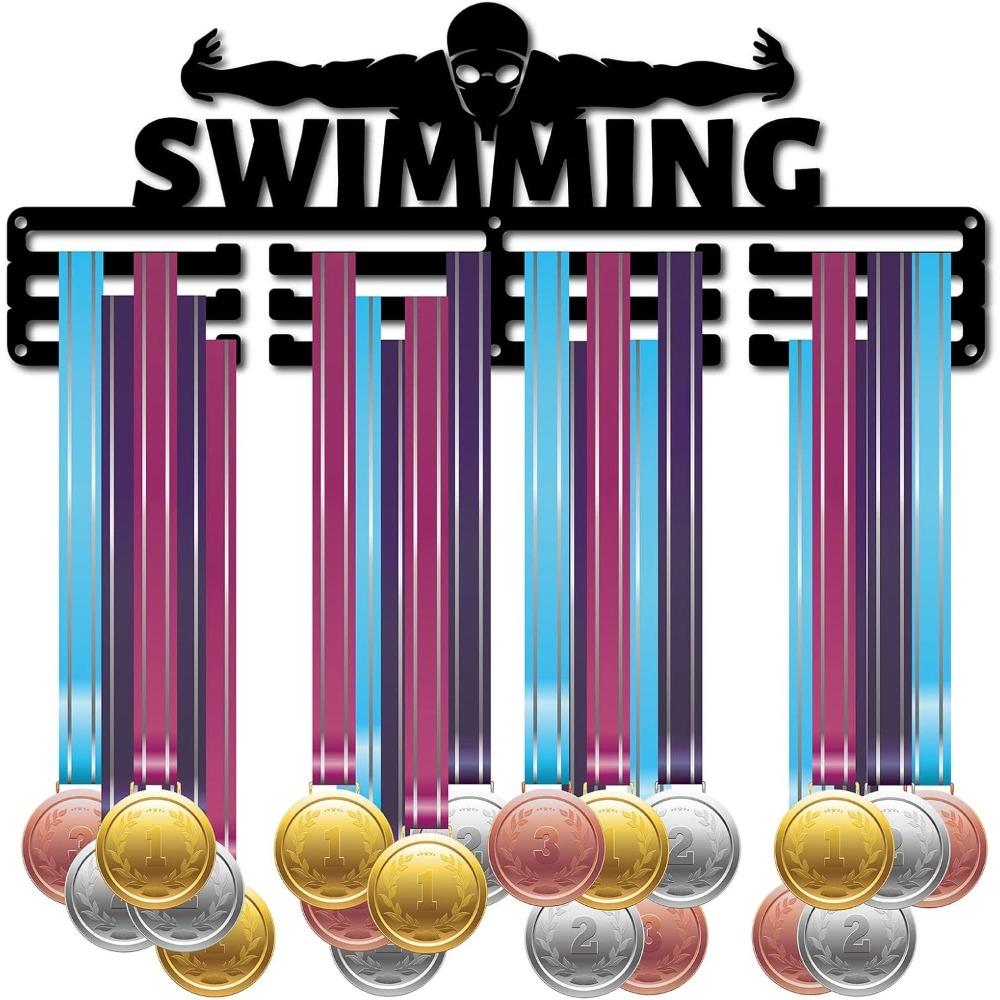 Metal Medal Display Rack Wall Mounted Holder Heavy Duty 20 Hooks for Sports Marathon Race Swimming Award Organizer Black 40x11cm