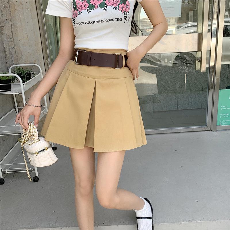 Petite Women's Retro Hong Kong Style Pleated Skirt with Waist-Cinch Belt