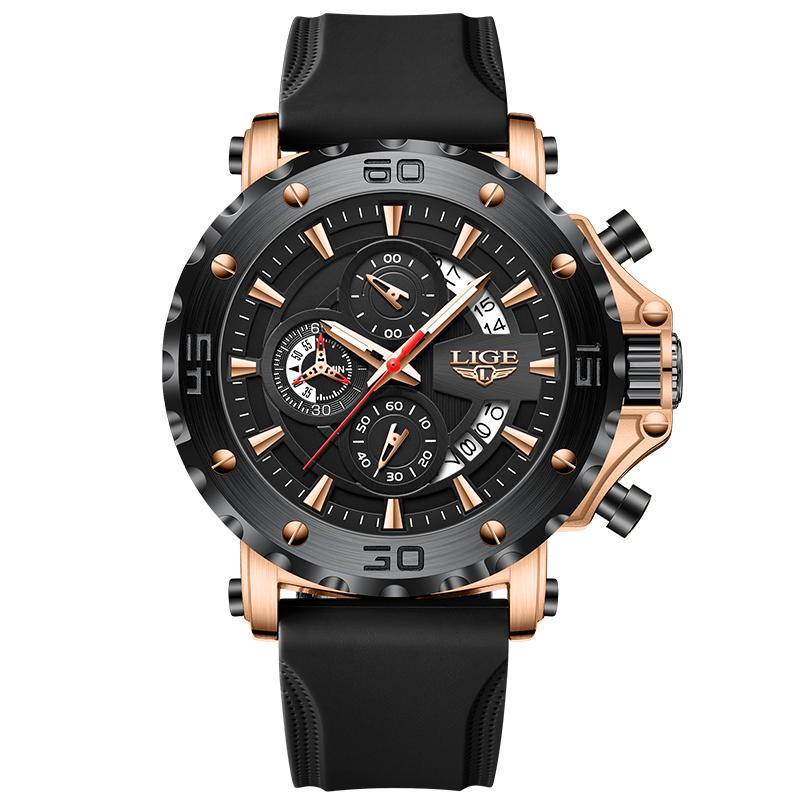 LIGE mens wristwatch luxury chronograph luminous quartz calendar silicone strap fashion business casual male watches reloj