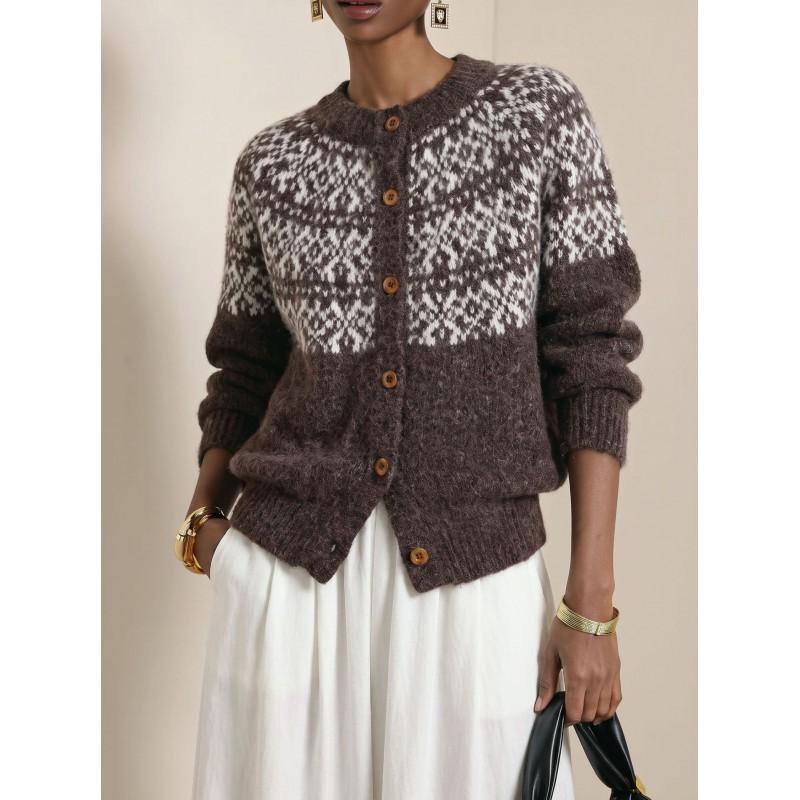 Womens Fair Isle Knit Cardigan Sweater Loose Fit Round Neck Warm Long Sleeve Outerwear
