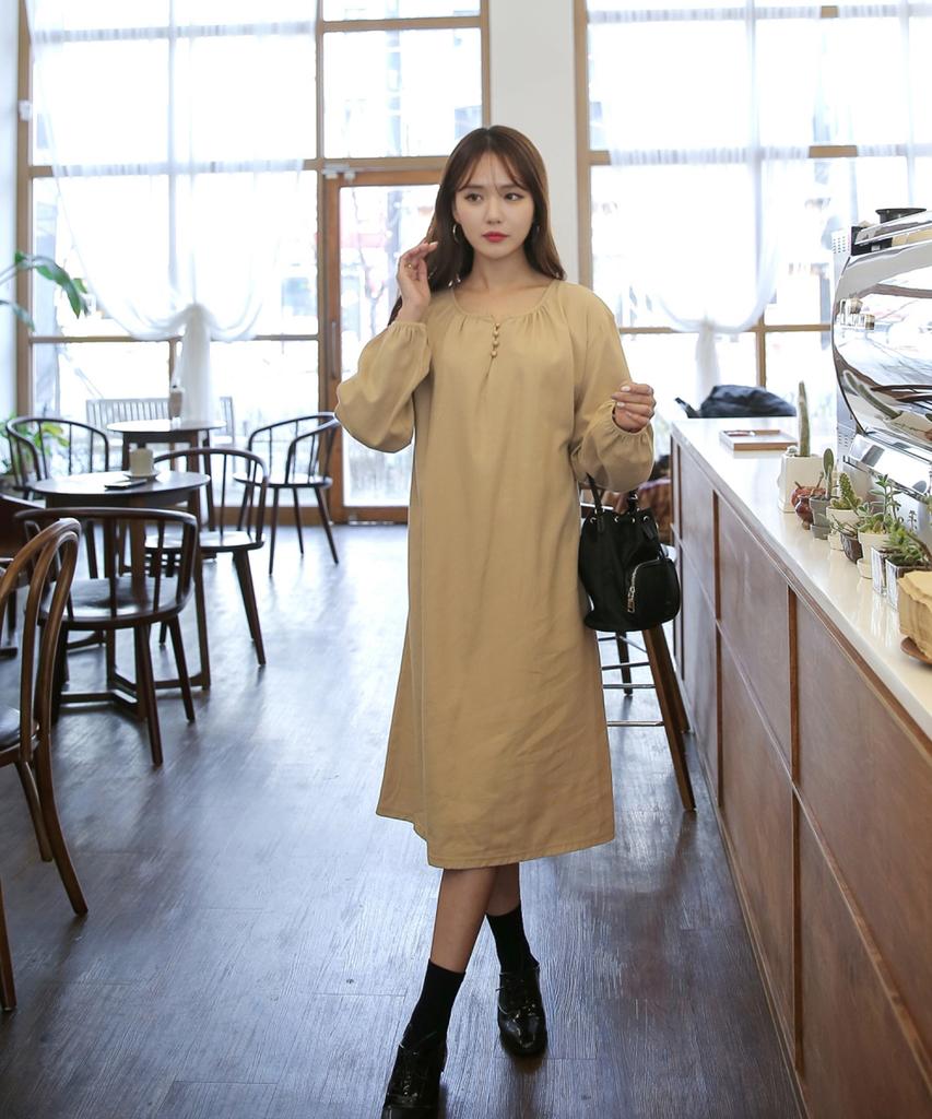 Ppaeppae Button-Detail Shirred Puff Long Dress