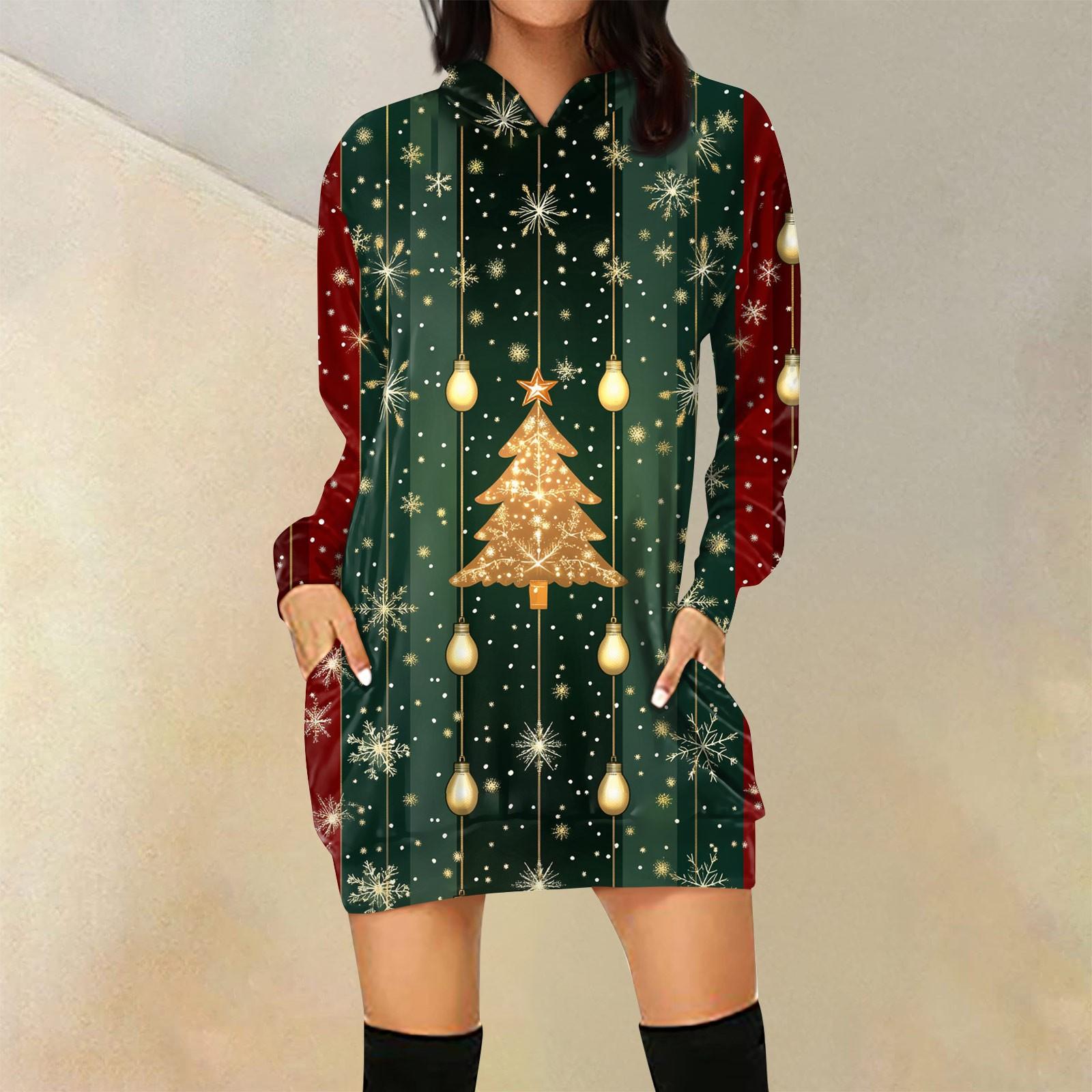 

Женская свободная повседневная толстовка с капюшоном и карманом с длинными рукавами с рождественским принтом, длинный топ S зелёный