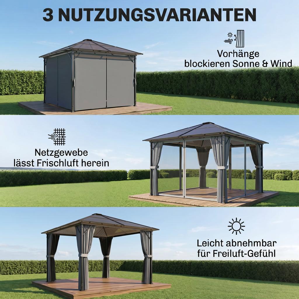 Pavilion With Polycarbonate Roof Curtains With Fly Screen Aluminum Frame Dark Gray 3 X 3 M