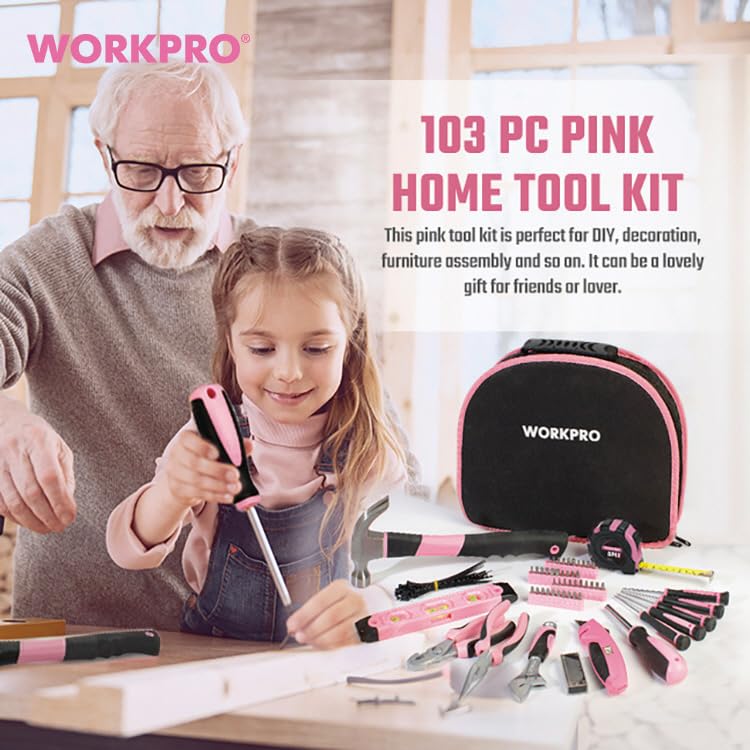 WORKPRO Home Tool Set WP206818 DIY Starter Kit with all the tools you need for basic repair and maintenance 103-Piece (Pink) - - tasks.