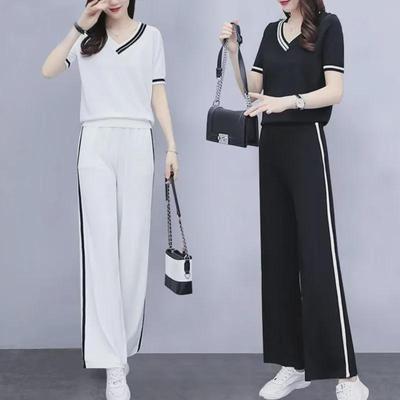 Damen Sommer V-Ausschnitt Lässig Zweiteiler: Oberteil mit kurzen Ärmeln & Hose mit weitem Bein, koreanischer Stil.