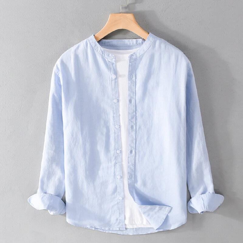 Men's Cotton and Linen Shirt Men's Long-sleeved Spring and Autumn Versatile Chinese Style Men's Stand-up Collar Shirt Jacket