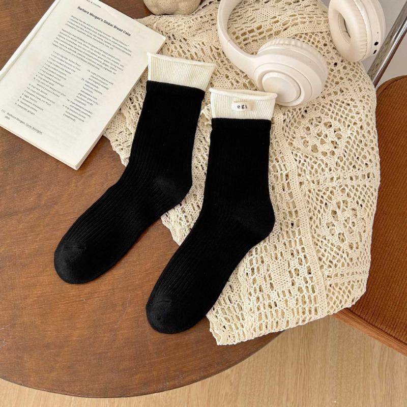 

Женские осенние носки из хлопка с контрастным цветом, двойным мыском и тканой этикеткой в виде барабана 1 pair чёрный