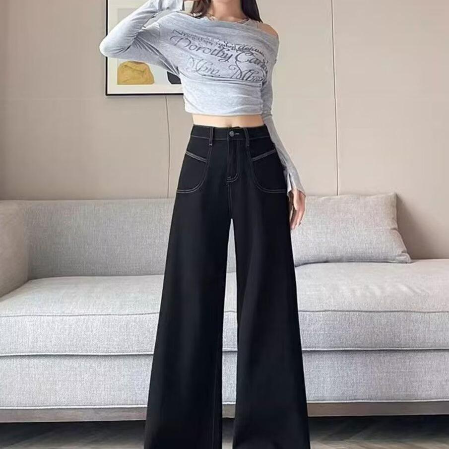 Women's 2025 Slimming Wide-Leg Black Jeans - Trendy Design for Autumn & Summer