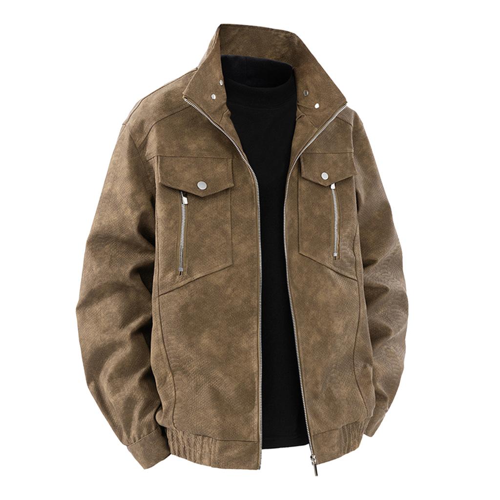 Men's Solid Color Zipper Stand Collar PU Leather Jacket Casual Sports Trendy Coat
