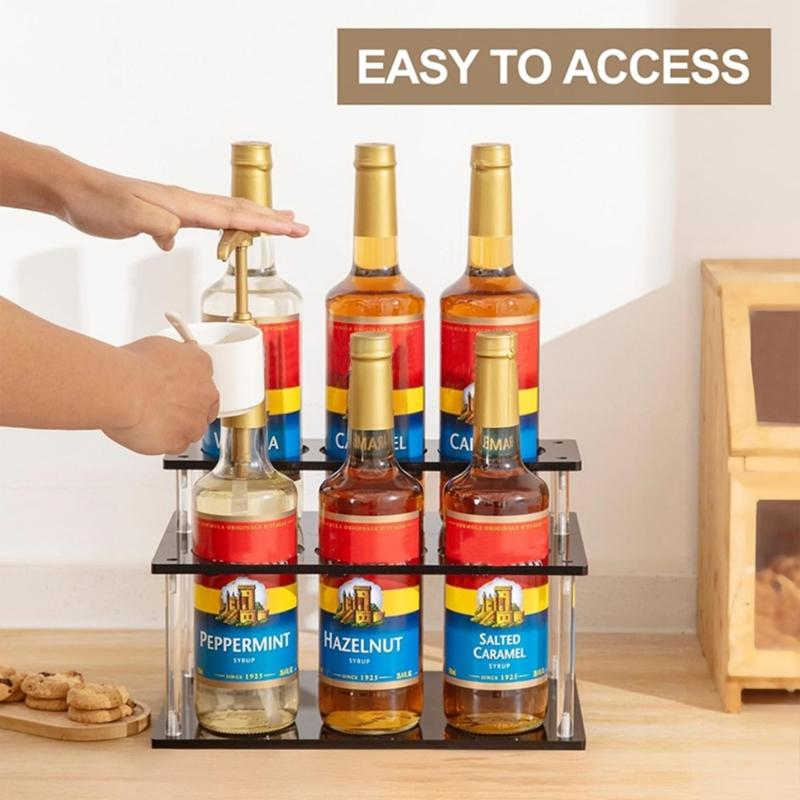 Černý akrylový 2úrovňový stojan na sirupy s kapacitou 6 lahviček, stojan na kávové sirupy pro organizaci kuchyňské linky