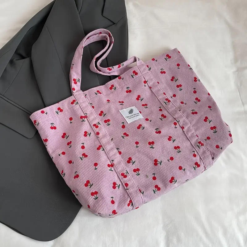 Fashion Strawberry Pattern Large Capacity Canvas Shoulder Bag Trendy Summer Fresh Style Handheld Tote Versatile Commuter Bag