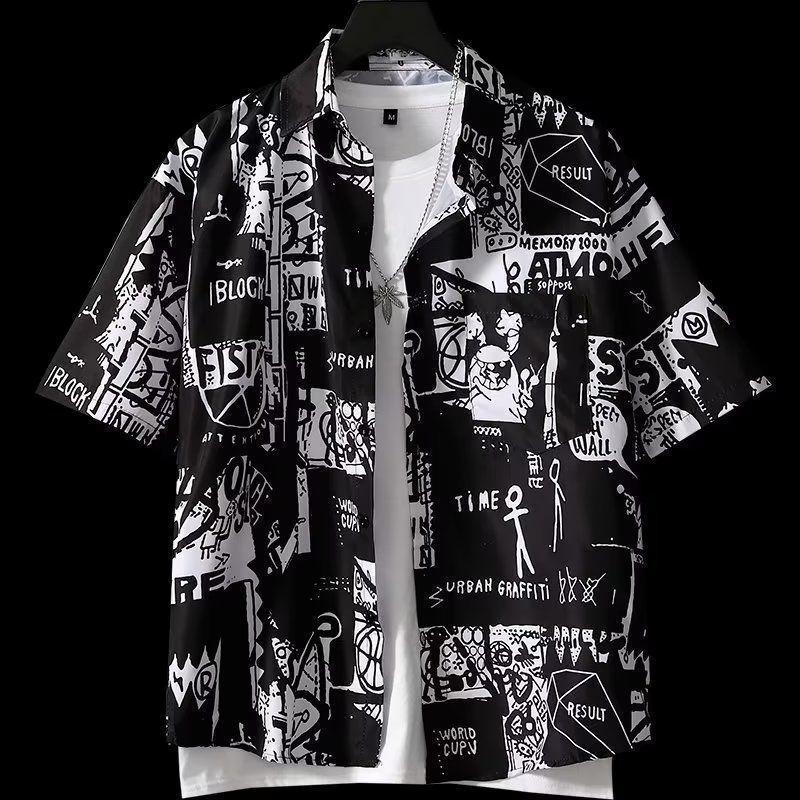 Japanese Retro Printed Short-Sleeve Shirt for Men,Trendy Brand Letter Shirt, Loose Casual VersatileThin Short-Sleeve Dress Shirt