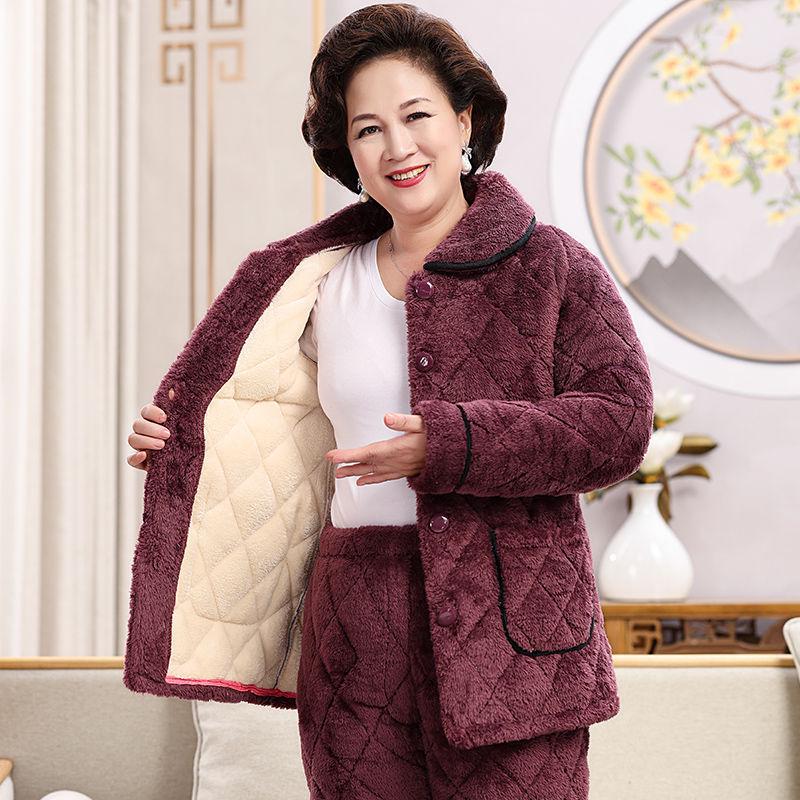 Women's Super Thick Three-Layer Velvet Pajamas - Winter Coral Fleece Quilted Homewear for Adults