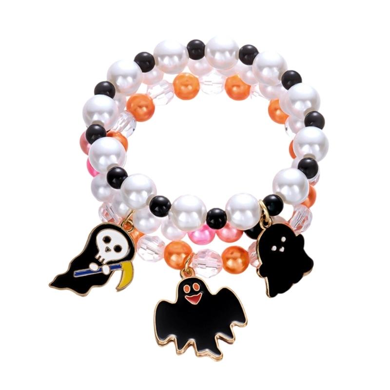 3Piece Halloween Charm Bracelet Spooky Pumpkin Specter Pendant Jewelry Adjustable Alloy Wristband Present for Kids Adults