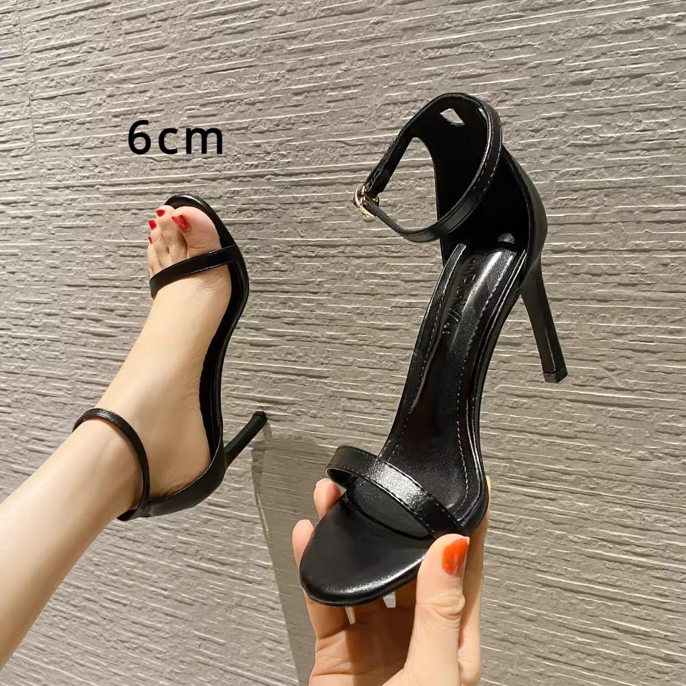

Женские сандалии с серебряным ремешком, летние универсальные черные туфли на тонком каблуке во французском стиле на высоком каблуке 36