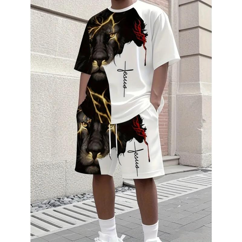 Summer Animal Lion Print Fashionable Comfortable Loose Fit Casual Sports Men's Short Sleeved Sport Wear