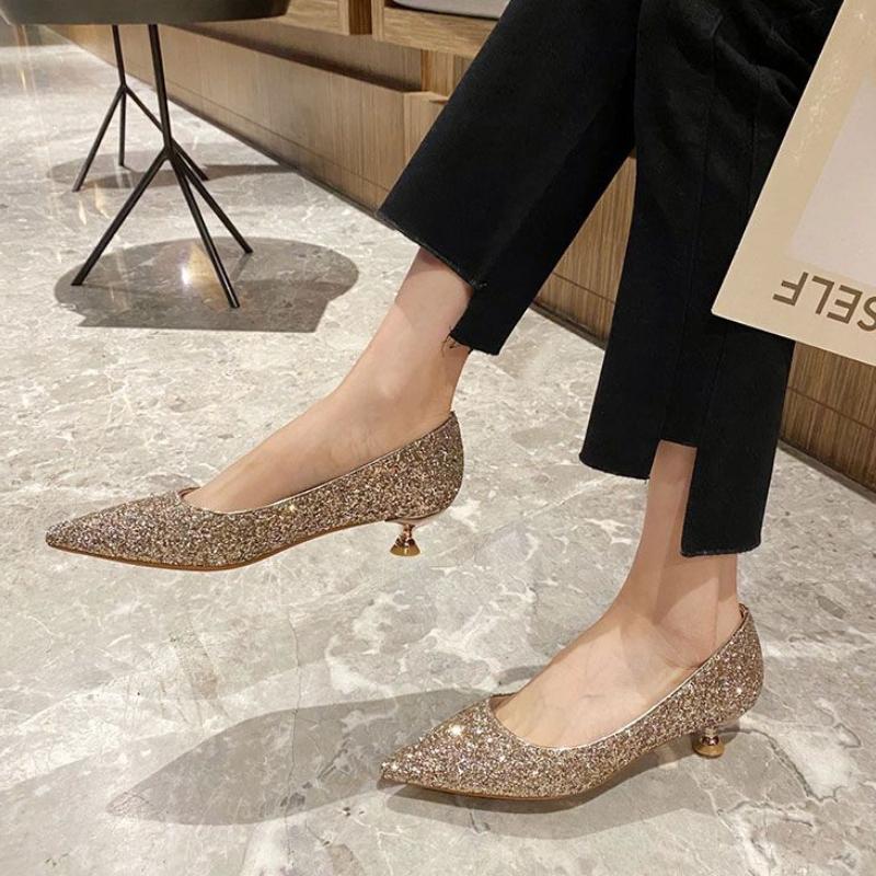 Pointed Toe Wedding Bride Shoe Sequins With Medium Heels Shoes for Women Y2k Quick Delivery 2025 Trend Elegant Dress Woman Pumps