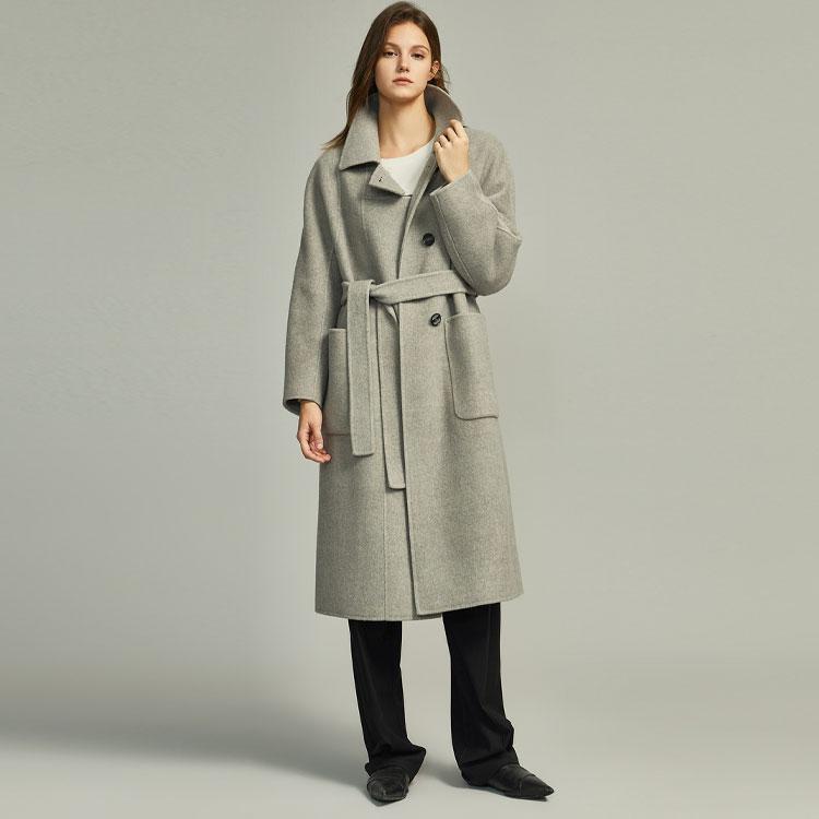 ELLE Solid Color Lapel Single-Breasted Mid-Length Long Sleeve Coat Women Coats Gray EN36131