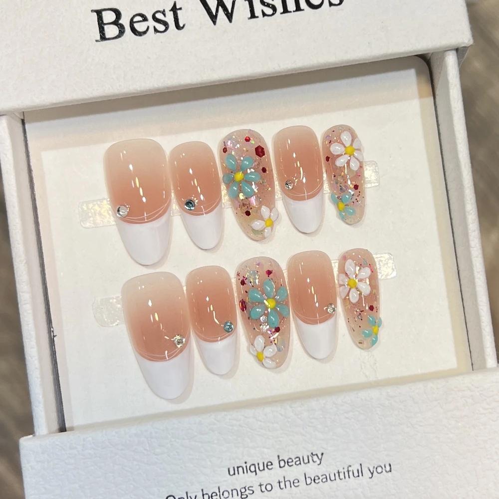 10Pcs Handmade French Gradient Cat Eye Press On Nails With 3D Butterfly Diamond Flowers Long Coffin Almond Shape