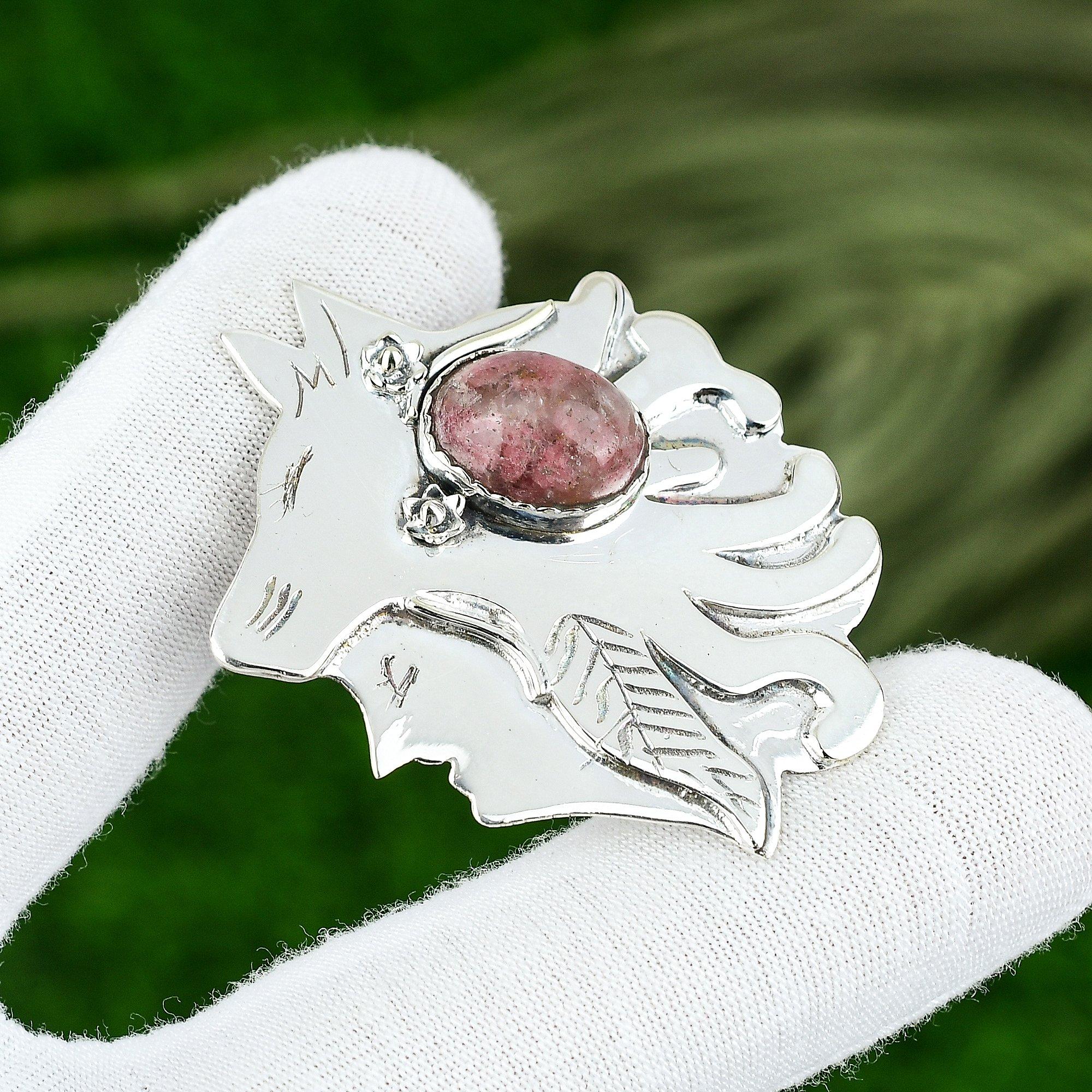 

Oval Natural Thulite Sterling Silver Mother Wedding Birthday Unique Boho Pendant