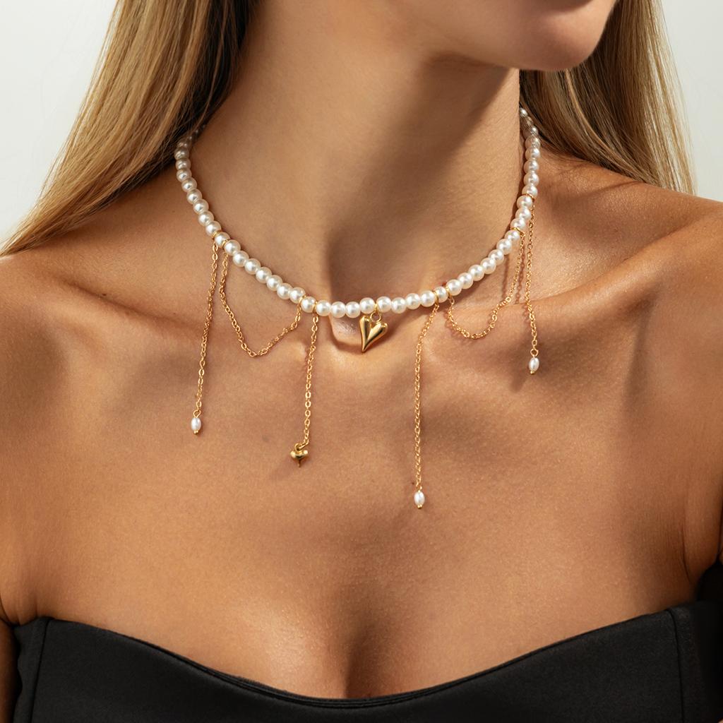 Shining Star Love Pendant Collarbone Chain Choker Light Luxury Imitation Pearl Chain Fringed Necklace