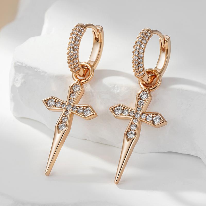 Luxury Cross Dangle Earrings For Women  Rose Gold Color With Natural Zircon Accessories Vintage Daily Fine Jewelry