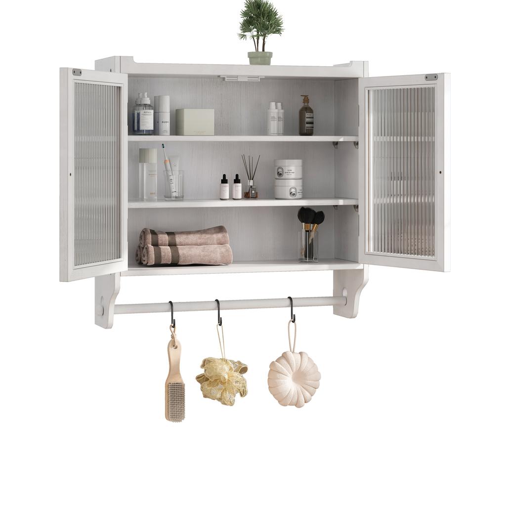 60CM Glass Door Vintage Double Door Wall Cabinet with Three Tiers of Storage with Towel Rack, for Bathroom, Kitchen,Dining Room, White Washed