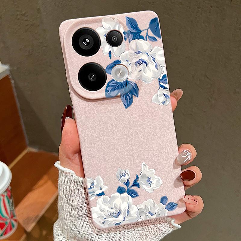 White Gardenia Floral Pattern Case For Xiaomi 14T 13T 11T Pro Funda Redmi Note 14 13 12 11 Pro 5G 4G Leather Texture Silicone Cover