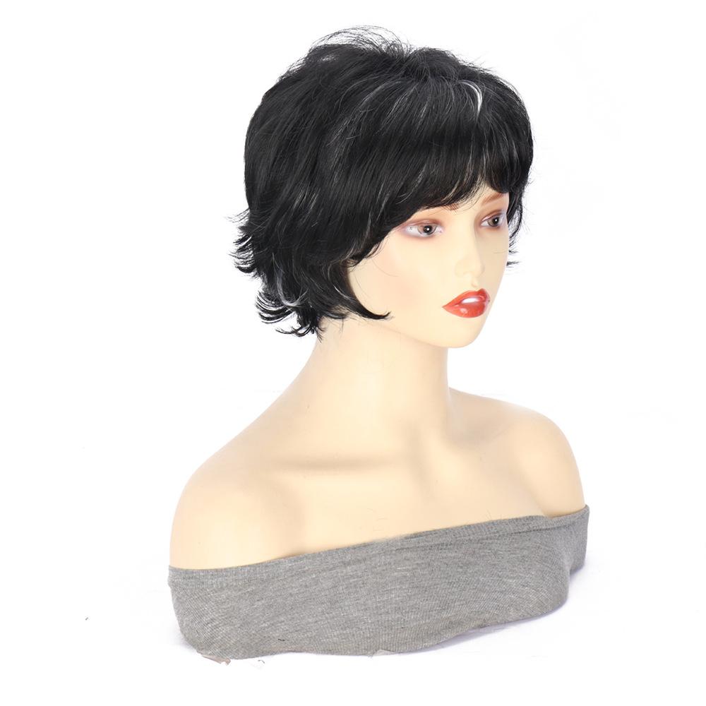 Ladies' Black and White Slanted Bangs, Short Curly Hair