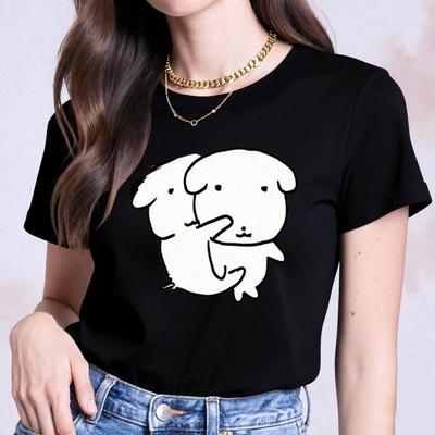 Minimalist Korean Cute Cartoon Dogs Hugging Graphic Tshirt Unisex Summer Short Sleeve Black Line Art Print Casual Y2k Daily Wear
