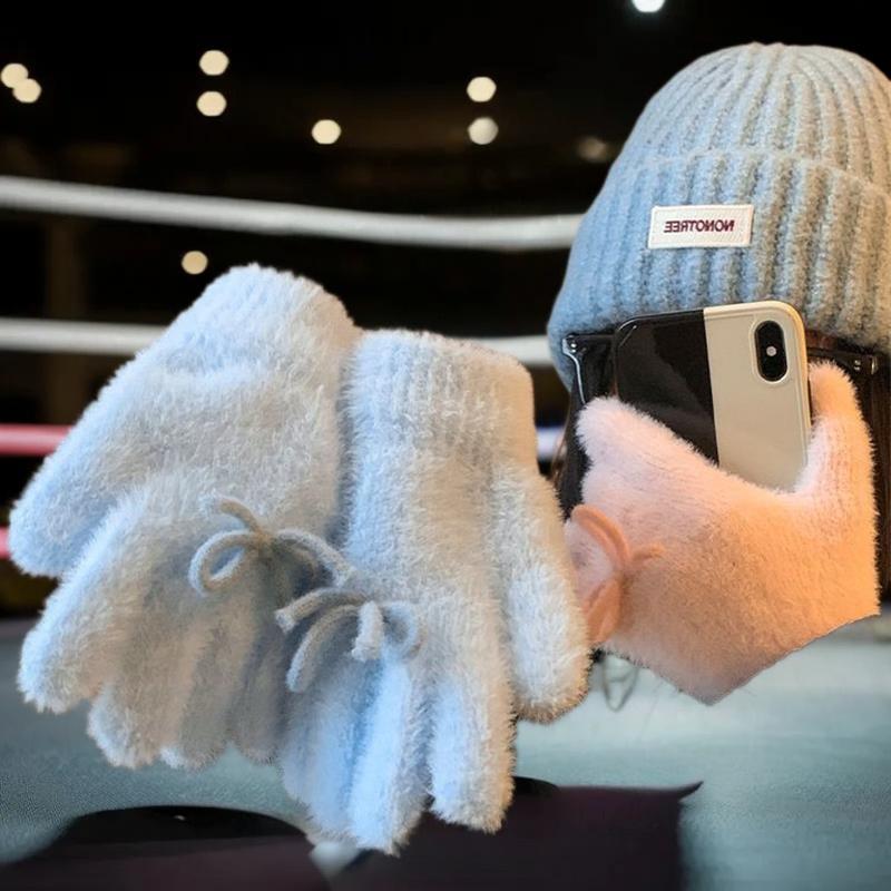 Adorable Cozy Ribbon Plush Gloves, Thermal Handwear for Students, Ladies Winter Fashion, Perfect Christmas Gift