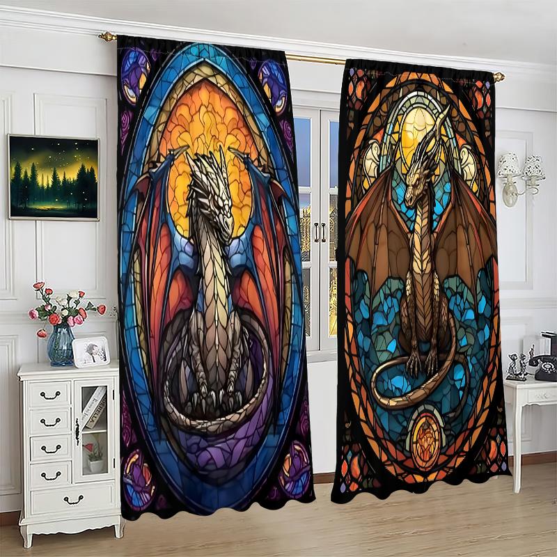 2 Stück - Ölmalerei-Stil Drache Polyester Vorhänge, Stangentaschen-Vorhänge 42*84, Schlafzimmer, Wohnzimmer, Heimzimmerdekoration