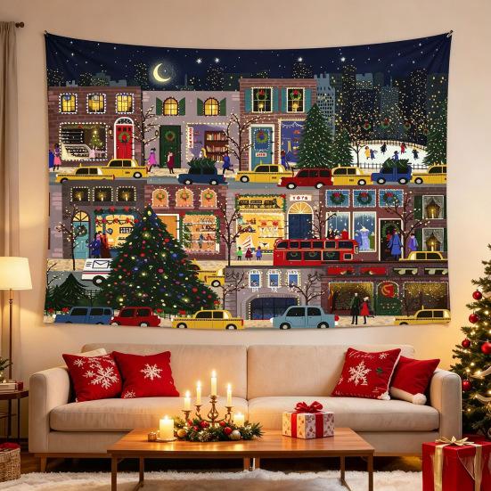 Reusable Xmas Wall Decor Christmas Tapestry, Winter Snow Scene Backdrop, Tree Fireplace Backdrop Hanging Tapestry for Bedroom Living Room Holiday
