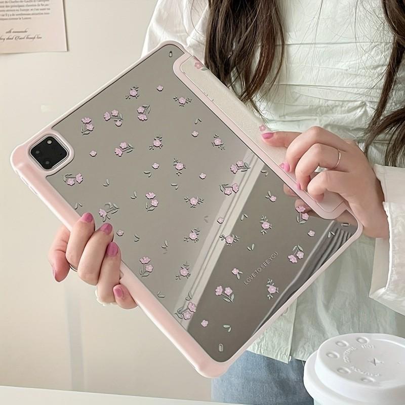 IPad Pro 12.9 Inch Case With Mirror Surface Tri-Fold Stand Pen Slot Floral Print PC Cover Air/Mini/10th Gen
