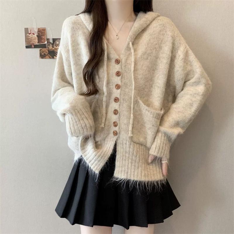 Women's Fluffy Hooded Knit Cardigan - Loose Fit, Korean Style for Autumn and Winter