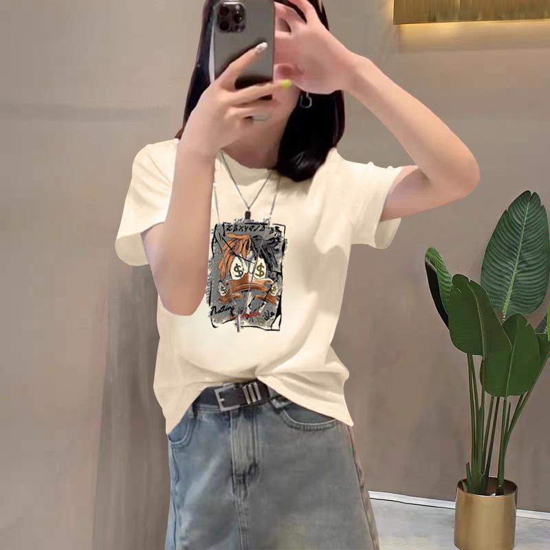 2025 new shoulder pure cotton cartoon short-sleeved T-shirt women's fashion versatile and thin apricot top bottoming shirt summer