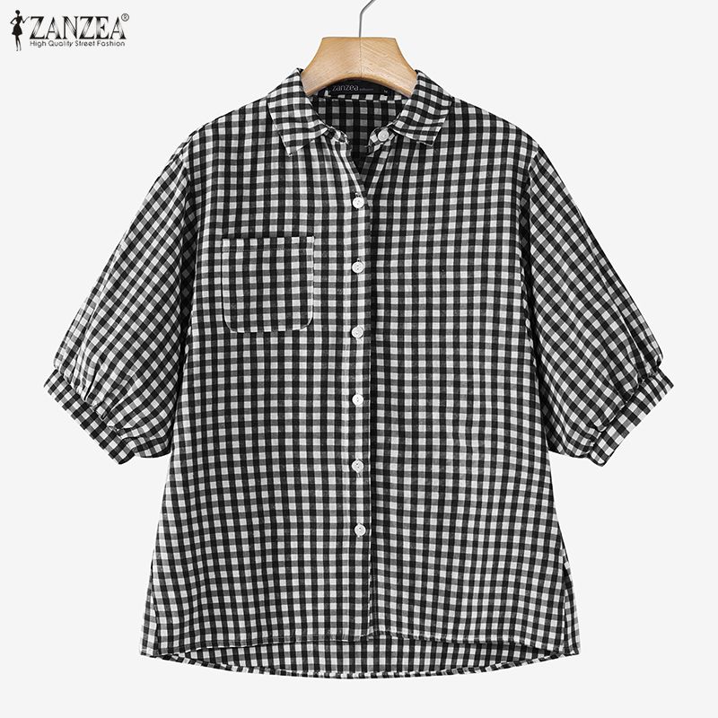 ZANZEA Women Casual Turn Down Collar Grid Print Loose Half Sleeve Blouse