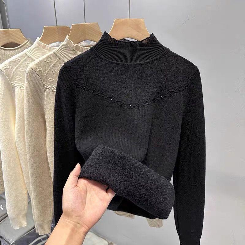 Women's Winter Semi High Neck One-piece Velvet Base Sweater with Added Velvet and Thick Thickness Inner Layer